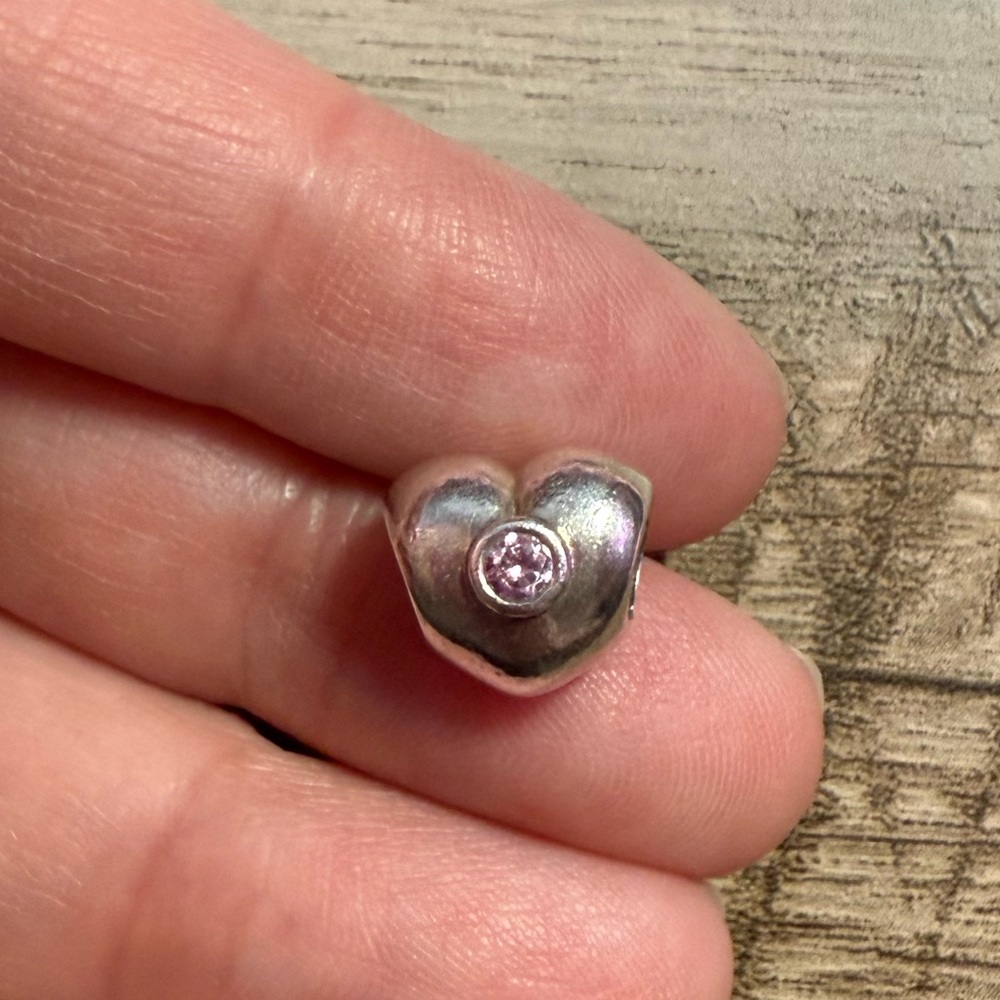 Pandora Silver Heart Charm with Pink Gem